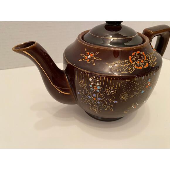 Vintage Moriage Redware Brown Oriental Tea Pot, Hand Painted Beaded - Picture 3 of 10